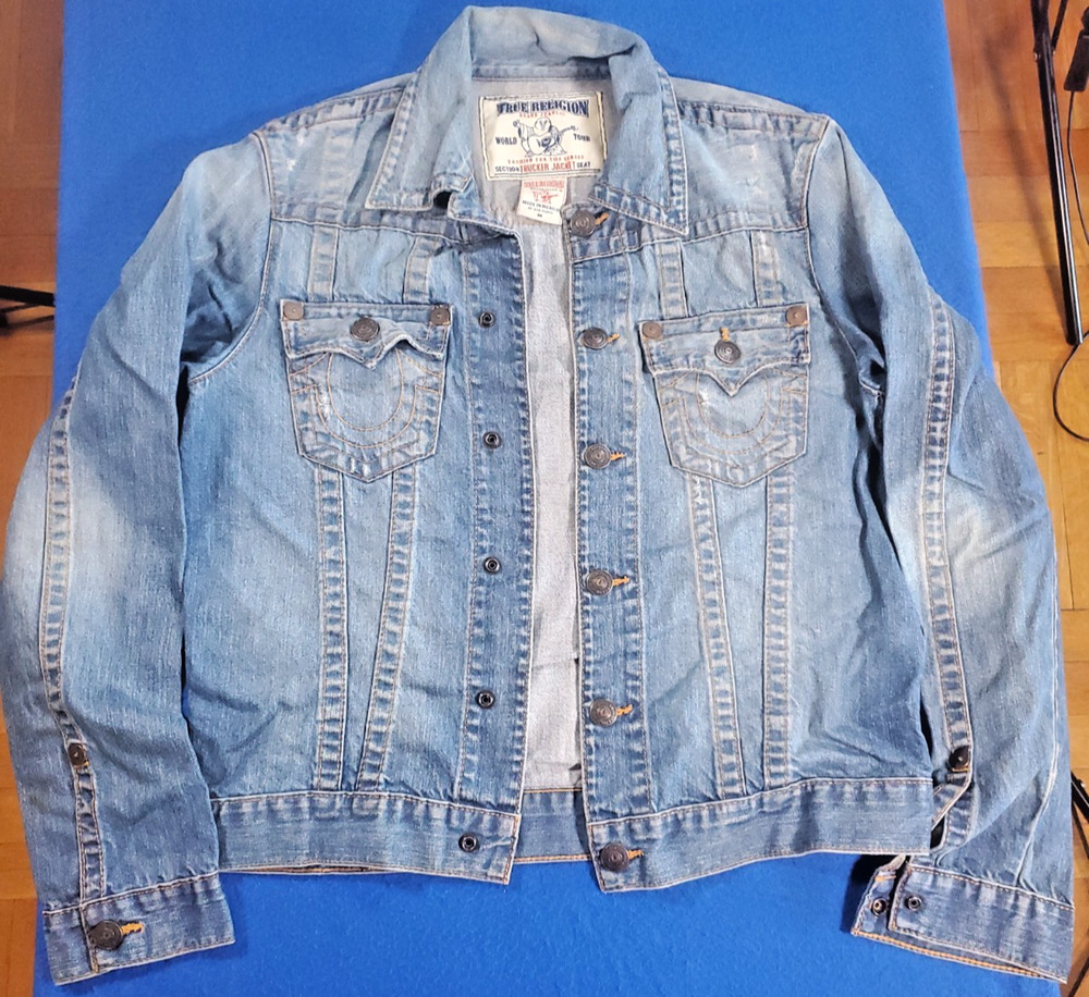 True Religion Big T Super T Denim Jacket Faded Blue Thick Stitch Men's Medium